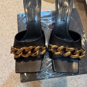 Versace Black and Gold Heeled Shoes with Chain Detail